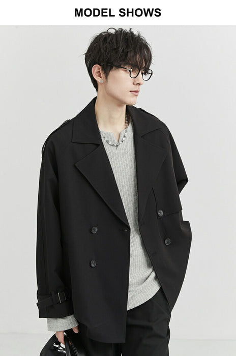 【M-3XL】トレンチコート メンズ ショート丈 ジャケット アウター オーバーサイズ ビッグシルエット ゆったり ダブルブレスト ライトアウター スプリングコート カジュアル 韓国 ファッション おしゃれ 通勤 通学 春 秋 服 黒 ベージュ 大きいサイズ