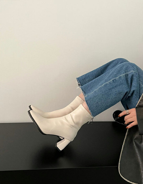 【8cmヒール】ブーツ レディース ショートブーツ ストレッチ 歩きやすい 痛くない ストレッチブーツ 8cmヒール ハイヒール バックジップ チャンキーヒール 通勤 オフィス ソックスブーツ 美脚 きれいめ カジュアル 大人女子 秋冬 黒 ブラウン アイボリー