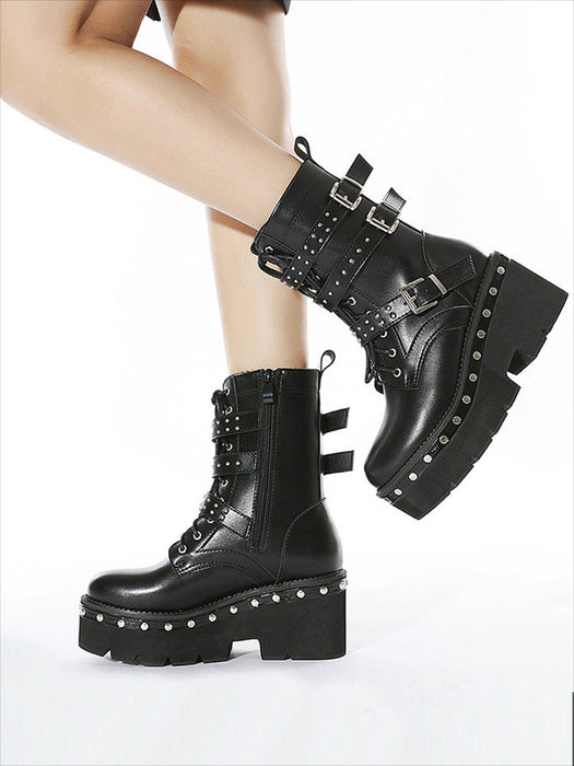 【7日内出荷】ショートブーツ パンク風 厚底 レースアップブーツ レディース ヒール8cm ブーツ スタッズ ダンスシューズ カジュアル 靴 編み上げブーツ 日常 通勤 おしゃれ 痛くない 履きやすい 柔らかい ゆったり きれいめ 人気 クール 美脚 春夏秋冬 韓国 仕事 PU 合皮 原宿系 細見え 黒