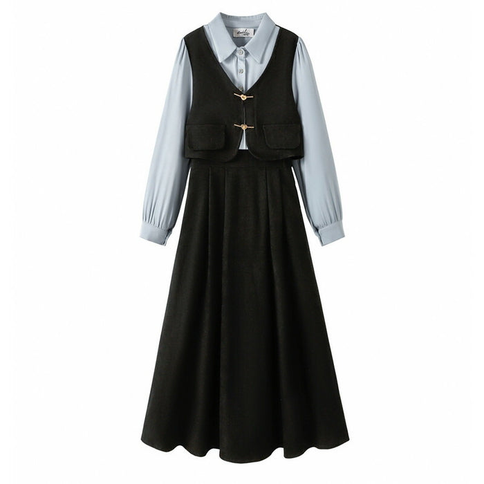 【7日内出荷】ワンピース ロングワンピース 切り替えワンピース Aライン ワンピ ロングワンピ ロング マキシワンピース 襟 無地 きれいめ シンプル マキシ レイヤード風 長袖 大きいサイズ 襟付き重ね着風 秋 冬