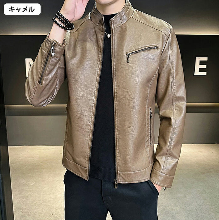 ライダース メンズ シングル バイクジャケット レザージャケット ライダースジャケット 革ジャン 革ジャケット 皮ジャン ジャンパー カジュアル 防寒 防風 秋冬 PUレザー 男性 男 服 通勤 普段着 大きいサイズ ブラック キャメル カーキ