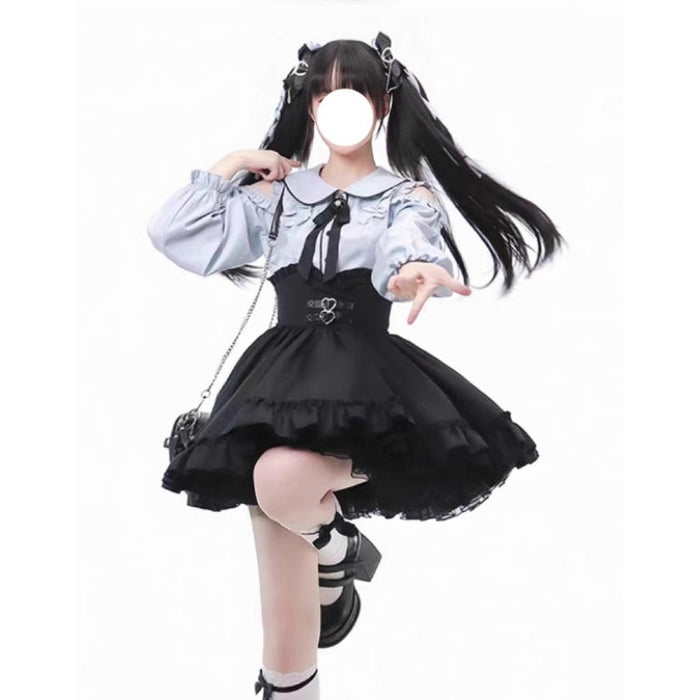 【7日内出荷】【2点セット】 Aライン 地雷系 ブラウス セットアップ 夏 セットアップ フレア フリル シャツ トップス 長袖 スカート 量産型 病みかわいい 薄手 ハートベルト 肩出し ミニスカート ハイウエスト 夏 ボトムス春 参戦服 秋 冬 おしゃれ 可愛い ロリータ ゴスロリ