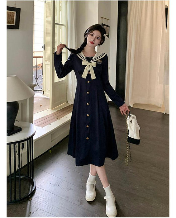 【7日内出荷】【L-4XL】長袖 ワンピース 制服 JK服 女子高生 スクールウェア 学園祭 文化祭 ラージサイズ  Aライン レディース 春 秋制服 学院風 ロリータ 可愛い ネイビー コスプレ ハロウィン