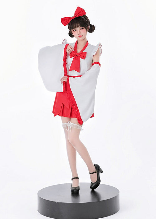 【7日内出荷】【5点セット】赤スカート 巫女 リボン コスプレ 衣装 巫女コスプレ 和服 着物 花魁 メイド服 ハロウィン衣装 ハロウィンコスプレ ハロウィン仮装 仮装 衣装 セクシー レディース 大人 女性用 こすぷれ コス 振袖 白 赤 可愛い