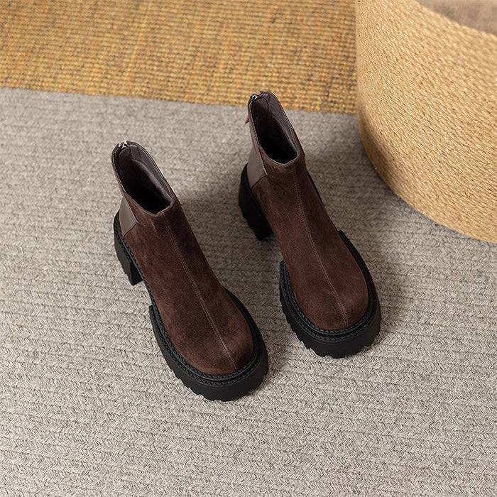 【7日内出荷】【 4cmヒール】ショートブーツ レディース ブーツ 厚底 裏起毛 ヴィンテージ風 バックジッパー スエード PU 4cm ヒール チャンキーヒール 太ヒール 安定感 黒 コンフォート 美脚 靴 通学 通勤 おしゃれ 韓国 歩きやすい 疲れない 痛くない 滑りにくい 大きいサイズ 22cm～24.5cm 春秋冬