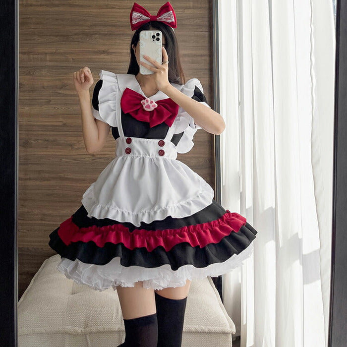【5点セット】メイド服 赤 メイド 服 送料無料 コスプレ ハロウイーン ネコ クラシック メイドカフェ 制服 ユニフォーム 萌え系 撮影会 本格的 可愛い コスチューム 衣装 仮装 かわいい お茶会アイドル おしゃれ セット ウェイトレス クラシカル アニメ ゴスロリ ロリータ S-5XL