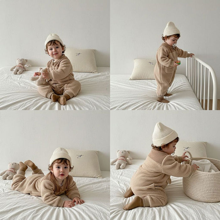 【7日内出荷】ベビー ボア カバーオール コート アウター ジャンプスーツ ジャケット かわいい 裏起毛 中綿 男の子 女の子 ロンパース 新生児 可愛い あったかい 子供服 防寒着 普段着 秋冬 出産祝い ギフト 前開き 着替え便利 外出服