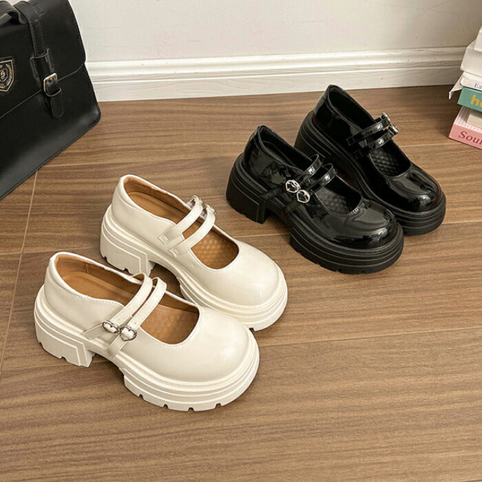 【7日内出荷】【7cmヒール】厚底 メリージェーン レディース 厚底パンプス  ヒールパンプス ダブルストラップ ハートバックル エナメル チャンキーソール ボリュームソール 歩きやすい 疲れにくい 韓国 かわいい 学生 通学 ライブ 黒 オフホワイト 秋冬