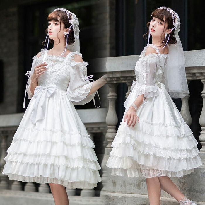 【7日内出荷】ロリータワンピース ウェディングドレス ジャンパースカート ブライダル ロリータ衣装 花嫁 純白ドレス lolita 吊りワンピ 女の子 春夏秋 甘ロリ jsk ゴシック レース コスチューム ゴスロリ イベント コスプレ 原宿 ガーリー 可愛い S/M/L/XL