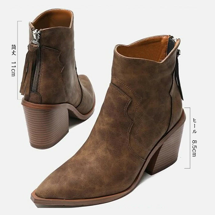 【7日内出荷】ウエスタンブーツ ショートブーツ レディース リングブーツ ステッチデザイン カウボーイブーツ スエード 秋 冬 ブーツ ポインテッドトゥ 8.5cm 太ヒール ラウンドトゥ 安定感 靴 カジュアル 韓国 通学 通勤 美脚 歩きやすい 疲れない 痛くない 大きいサイズ ウエスタン