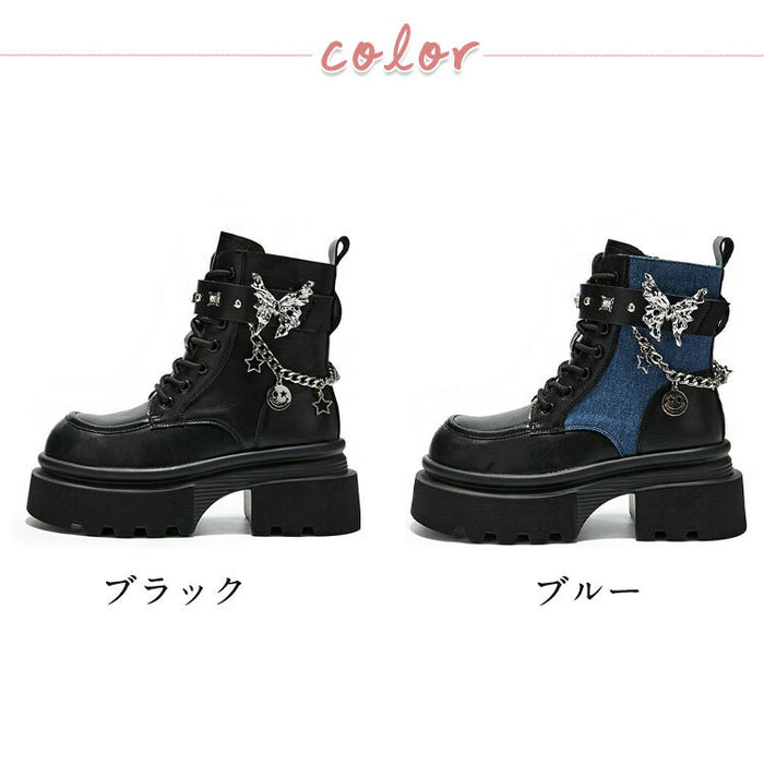 【7日内出荷】ショートブーツ 厚底 レースアップブーツ レディース 太ヒール パンク風 チェーン付き 編み上げ おしゃれ 秋ブーツ ラウンドトゥ 靴 痛くない 履きやすい ゆったり サイドジップ シンプル 美脚 人気 春夏秋冬 韓国 通勤 合皮 原宿系 細見え 黒 青 ハロウィン ロック ゴスロリ