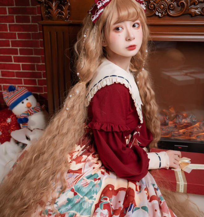 ロリータ ワンピース ゴスロリ ロリータ ドレス 長袖 レディース 女子 可愛い ロリィタ ワンピース クリスマス コスプレ衣装 コスチューム 仮装 リボン lolita 衣装 ゴシック&ロリータ お姫様 ドレス マリン風 ミモレ丈 裾フリル ワインレッド S M L XL