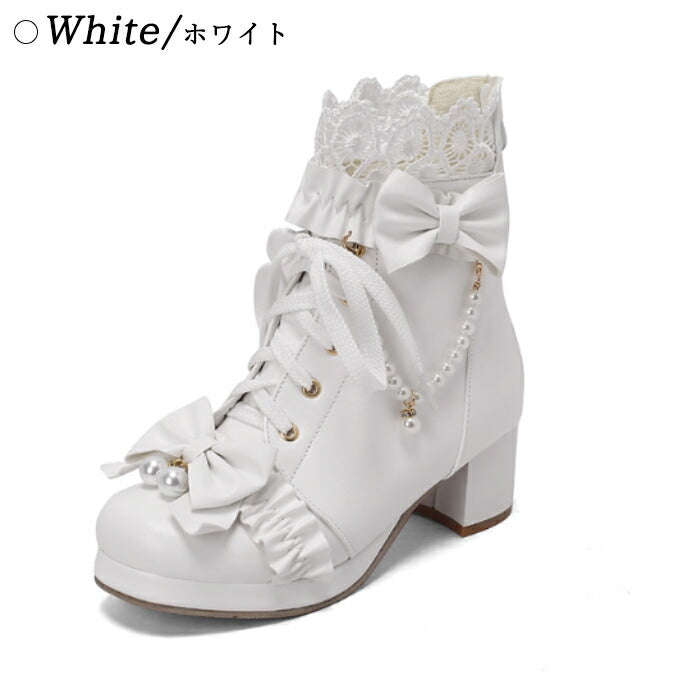 【5cmヒール】ロリータ ブーツ レディース ショートブーツ 甘ロリ お姫様 森ガール ロリィタ靴 レース リボン パール  チャンキーヒール 歩きやすい 疲れない 痛くない サイドジップ おしゃれ かわいい お茶会 コスプレ 発表会 黒 ピンク 白 秋冬