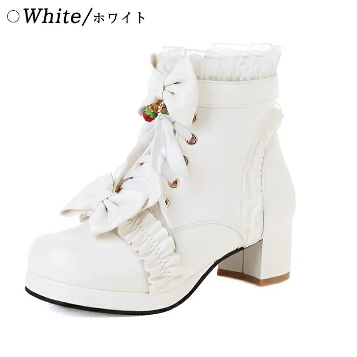 【5cmヒール】ロリータ ブーツ 厚底ブーツ レディース キッズ 子供 靴 ショート丈 編み上げブーツ お姫様 お嬢様 ロリィタ いちご リボン レース  太ヒール 歩きやすい 痛くない サイドジップ かわいい 七五三 コスプレ お茶会 発表会 黒 白 秋冬