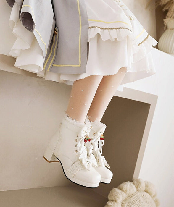 【5cmヒール】ロリータ ブーツ 厚底ブーツ レディース キッズ 子供 靴 ショート丈 編み上げブーツ お姫様 お嬢様 ロリィタ いちご リボン レース  太ヒール 歩きやすい 痛くない サイドジップ かわいい 七五三 コスプレ お茶会 発表会 黒 白 秋冬