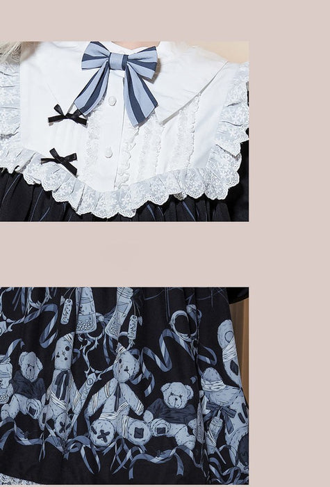 【7日内出荷】ワンピース ロリータ ハロウィン テディベア柄 ショート丈 ミニ レディース 長袖 ゴスロリ ゴシック 秋冬 暗黒風 リボン レー フリル ロリータワンピース コスチューム コスプレ 衣装 可愛い 仮装 パーティー イベント 文化祭 ブラック 黒 S M L