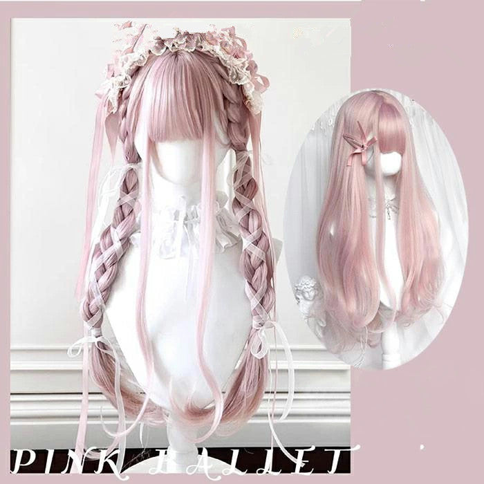【7日内出荷】ロング ウィッグ フルウィッグ 前髪あり 三つ編み つけ毛 ロングカール 耐熱 自然 ピンクパープル系 コスプレ ゴスロリ ハーフアップ風 アレンジ可