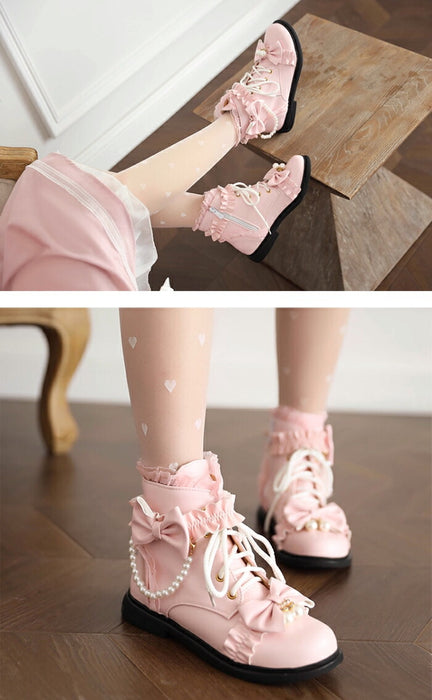 【2cmヒール】ロリータ ブーツ レディース ショートブーツ 編み上げブーツ ローヒール 甘ロリ お姫様 森ガール ロリィタ靴 レース リボン パール 歩きやすい 疲れない サイドジップ おしゃれ かわいい お茶会 コスプレ 発表会 黒 ピンク 白 秋冬