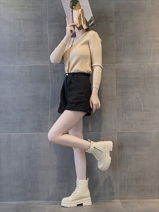 【7日内出荷】ショートブーツ 厚底 ブーツ レディース サイドジップ レースアップブーツ 秋ブーツ 太ヒール 靴 日常 通勤 美脚 カジュアル おしゃれ 痛くない 履きやすい 柔らかい 編み上げブーツ ラウンドトゥ きれいめ シンプル 大人気 春夏秋冬 韓国 仕事 PU 合皮 細見え 黒 ベージュ