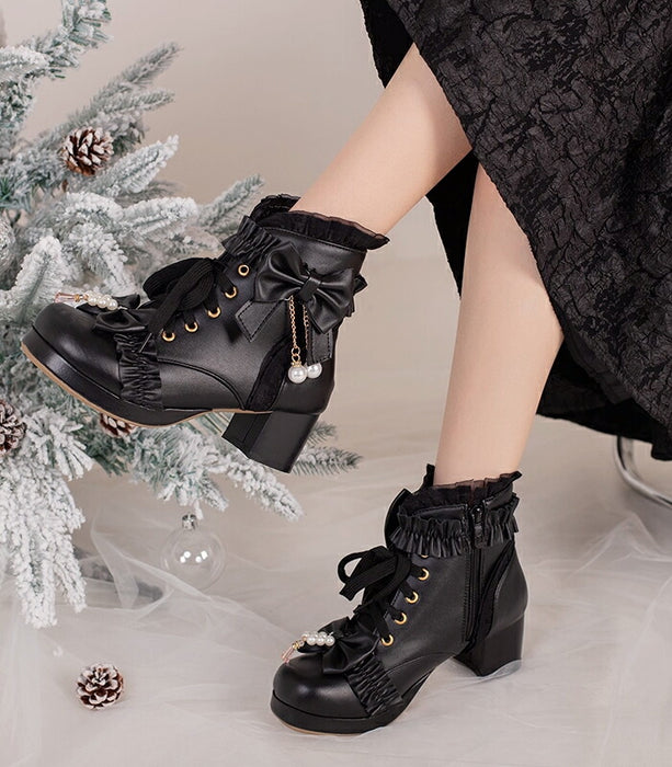 【5cm ヒール】厚底ブーツ ロリータ ブーツ レディース ショートブーツ 編み上げブーツ 甘ロリ お姫様 森ガール ロリィタ靴 レース リボン パール 5cm 太ヒール 歩きやすい 痛くない サイドジップ おしゃれ かわいい お茶会 コスプレ 黒 ピンク 白 秋冬