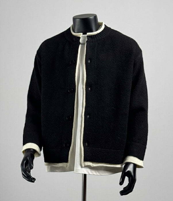 ニットジャケット メンズ 秋冬 カーディガン 厚手 スタンドカラー ニットブルゾン アウター トップス レイヤード風 重ね着風 ボタンフロント 長袖 ゆったり ビッグシルエット カジュアル シンプル 無地 おしゃれ かっこいい 男性 グレー 黒