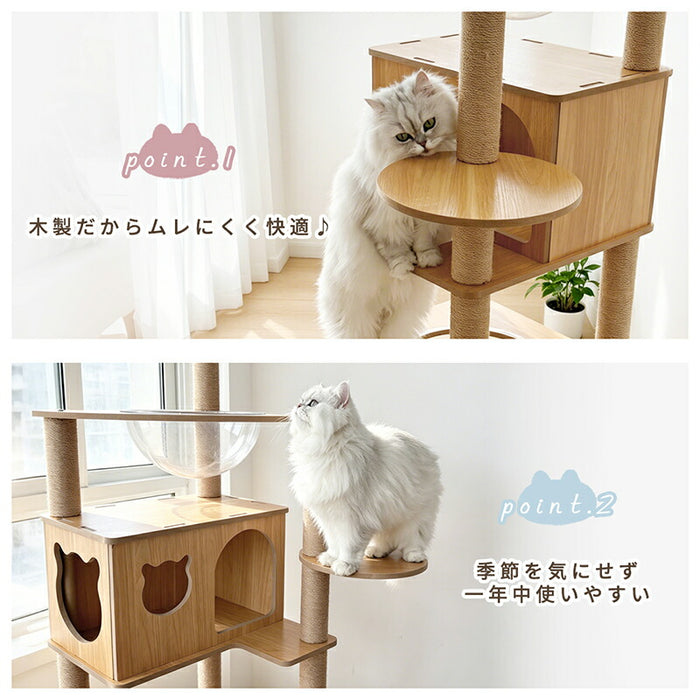 RAKU キャットタワー 木製 大型 据え置き 大型猫 中型猫 シニア猫 高さ約152cm 多頭飼い 宇宙船 見晴台 爪とぎ ホワイトコットン支柱 展望台 猫ハウス コーナー適用 四角型土台 安定 コットン紐 天然麻 運動不足解消
