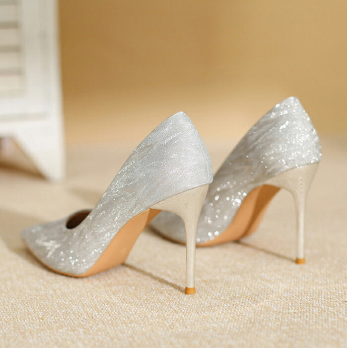 【7日内出荷】【5cm~9cmヒール】結婚式 パンプス 歩きやすい 疲れない キラキラ ラメ グリッター ポインテッドトゥ ピンヒール  ミドルヒール ハイヒール レディース パーティー お呼ばれ 二次会 ウェディング 花嫁 美脚 脚長 上品 シルバー ピンクゴールド