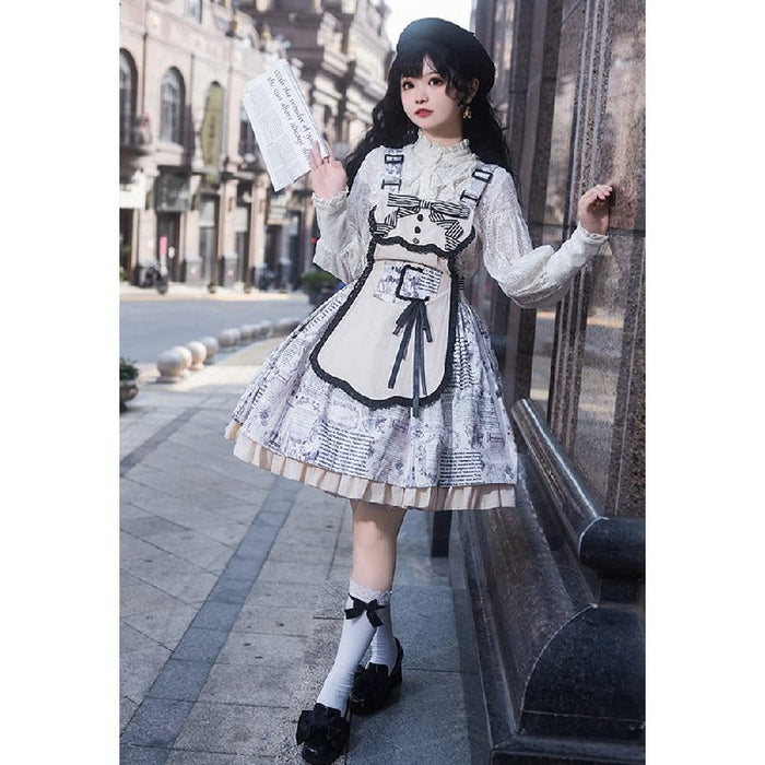 【7日内出荷】ジャンパースカート 女の子 レディース ワンピース ロリータ風 リボン付き doll感 落書き おしゃれ 蝶結び メイド服 レース 森ガール お姫様 地雷系 フリル イベント ハロウィン レトロ クラッシック系 可愛い パーティー lolita