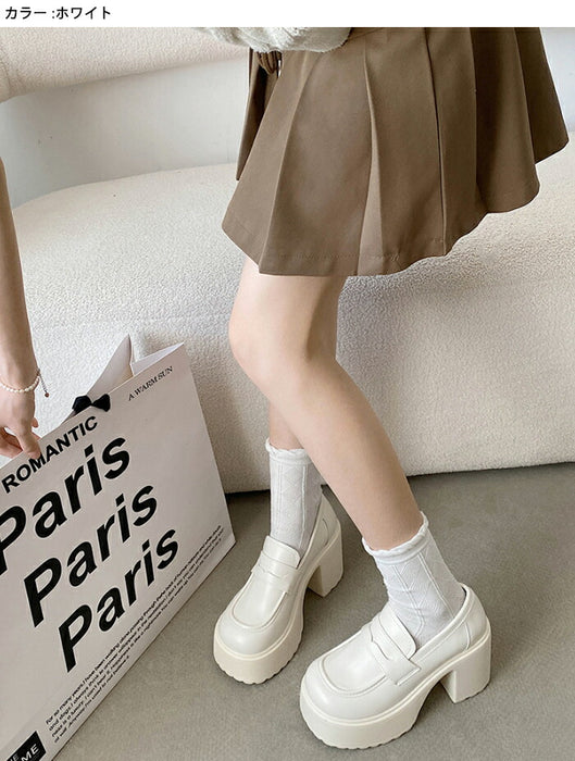 【7日内出荷】【9cmヒール】ローファー レディース スクールローファー 厚底 コインローファー 9cmヒール スクエアトゥ パンプス チャンキーヒール ボリューム プラットフォーム 革靴 歩きやすい オケージョン 脚長 中学 高校 学生 コスプレ 通学 黒 白 オールシーズン