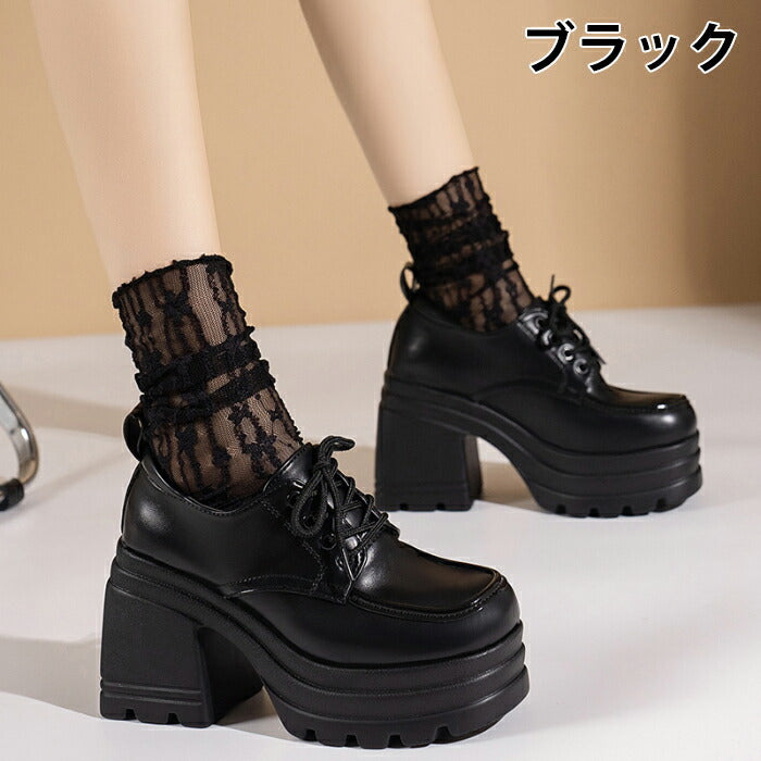 【7日内出荷】【10cmヒール】厚底オックスフォード シューズ レディース レースアップ  ハイヒール 超厚底 チャンキーヒール ボリュームソール プラットフォーム レースアップ 革靴 歩きやすい 疲れにくい 脚長 韓国 地雷系 学生 通勤 黒 茶色 オールシーズン