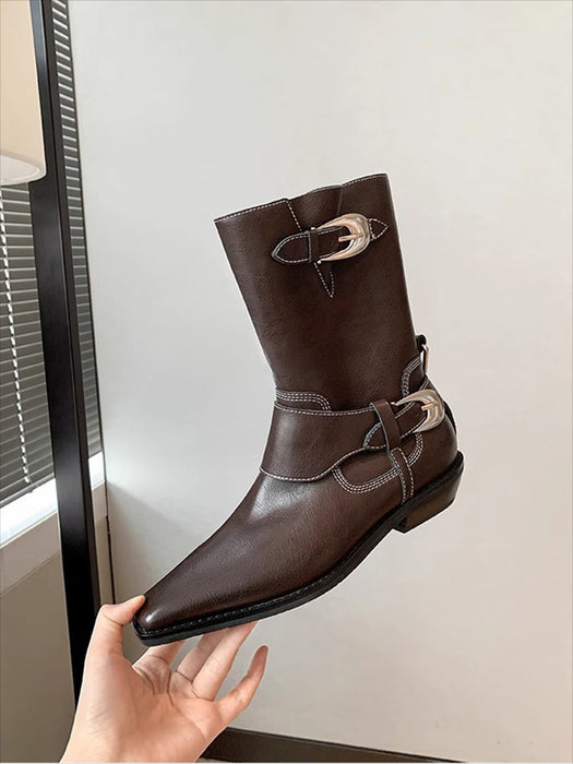 【7日内出荷】【3.5cmヒール 】ウエスタン ショートブーツ レディース ブーツ ウエスタンブーツ パンク系 スクエアトゥ ミドル丈 レザーシューズ PU  チャンキーヒール 太ヒール 安定感 美脚 靴 通学 通勤 おしゃれ 韓国 歩きやすい 疲れない 滑りにくい 大きいサイズ 22cm～25cm 黒 裏起毛 春 秋 冬