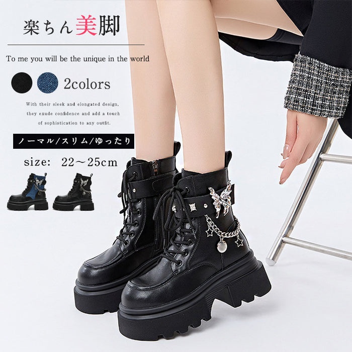 【7日内出荷】ショートブーツ 厚底 レースアップブーツ レディース 太ヒール パンク風 チェーン付き 編み上げ おしゃれ 秋ブーツ ラウンドトゥ 靴 痛くない 履きやすい ゆったり サイドジップ シンプル 美脚 人気 春夏秋冬 韓国 通勤 合皮 原宿系 細見え 黒 青 ハロウィン ロック ゴスロリ