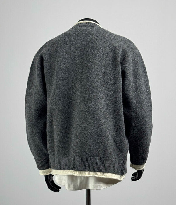 ニットジャケット メンズ 秋冬 カーディガン 厚手 スタンドカラー ニットブルゾン アウター トップス レイヤード風 重ね着風 ボタンフロント 長袖 ゆったり ビッグシルエット カジュアル シンプル 無地 おしゃれ かっこいい 男性 グレー 黒