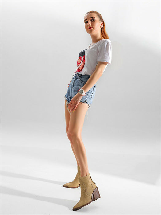 【7日内出荷】ウエスタンブーツ ショートブーツ レディース リングブーツ ステッチデザイン カウボーイブーツ スエード 秋 冬 ブーツ ポインテッドトゥ 8.5cm 太ヒール ラウンドトゥ 安定感 靴 カジュアル 韓国 通学 通勤 美脚 歩きやすい 疲れない 痛くない 大きいサイズ ウエスタン