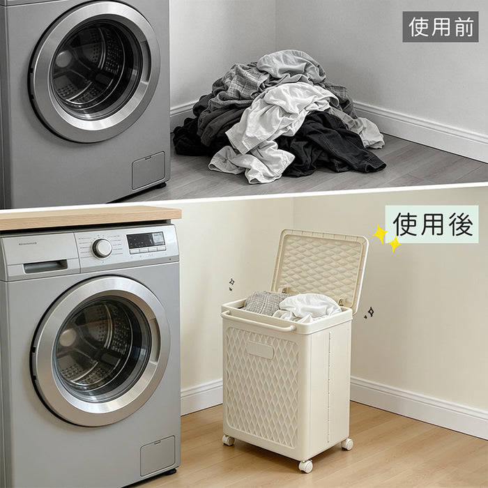 RAKU ランドリーバスケット 大容量 80L 折りたたみ式　省スペース フタ付き キャスター付き スリム 洗濯カゴ 洗濯物入れ 脱衣所 洗濯機横 収納 おしゃれ