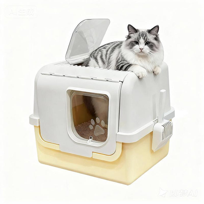 RAKU 猫トイレ ネコトイレ ダブル脱臭 砂の飛び散り防止 2WAY出入り方法 35*42*33.5cm 掃除しやすい スコップ付 大容量 優れた耐久性 猫用トイレ 上から猫トイレ