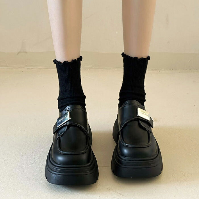 【7日内出荷】【5cmヒール 】厚底ローファー レディース パンプス PU 合皮 ストラップスクール ローファー ベルクロ 面ファスナー メタルプレート Uチップ チャンキーソール ボリュームソール 歩きやすい 身長アップ 美脚 学生 通学 通勤 制服コーデ 黒 茶色