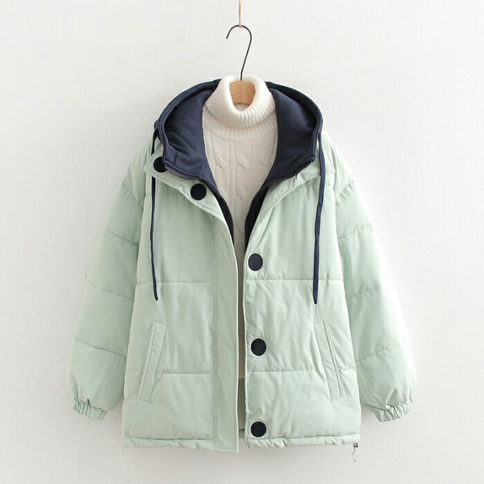 【7日内出荷】中綿ジャケット レディース レイヤード風 アウター 中綿コート 秋冬 ジャケット ダウンジャケット ブルゾン パーカー フード付き バイカラー 韓国 きれいめ カジュアル 大人可愛い ゆったり 体型カバー 高見え おしゃれ 暖かい 防寒 軽量