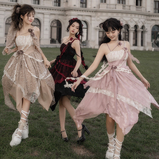 【7日内出荷】3点セット ロリータワンピース キャミワンピース ロリータ衣装 lolita jsk 全3色 不規則裾 付け袖付き 甘ロリ レース 原宿 可愛い ガーリー 春秋 S/M/L