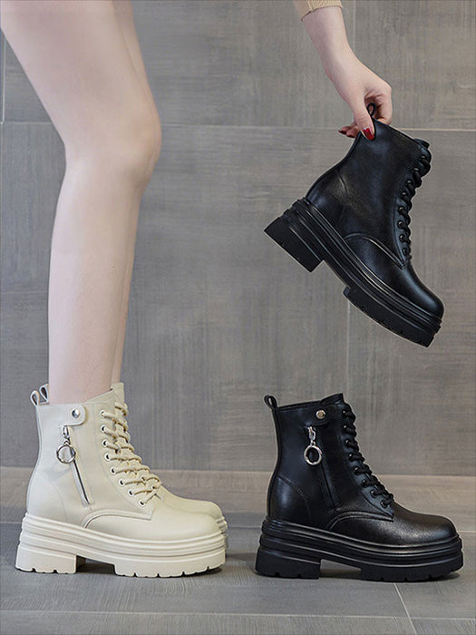 【7日内出荷】ショートブーツ 厚底 ブーツ レディース サイドジップ レースアップブーツ 秋ブーツ 太ヒール 靴 日常 通勤 美脚 カジュアル おしゃれ 痛くない 履きやすい 柔らかい 編み上げブーツ ラウンドトゥ きれいめ シンプル 大人気 春夏秋冬 韓国 仕事 PU 合皮 細見え 黒 ベージュ