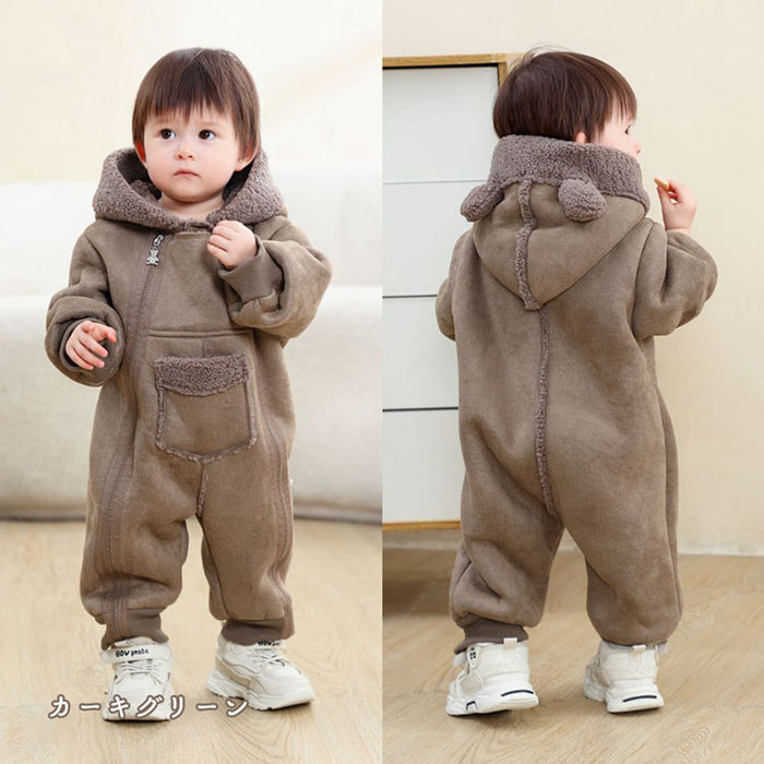 ベビー ジャンプスーツ  裏起毛 カバーオール ベビー服 ボア ロンパース 厚手 あったか  赤ちゃんアウター 新生児 裏ボア 帽子つき 耳付き 秋冬 防寒対策 保温 女の子 男の子 出産祝い プレゼント 前開き 着替え便利