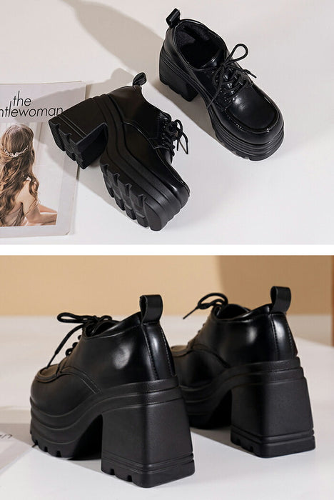 【7日内出荷】【10cmヒール】厚底オックスフォード シューズ レディース レースアップ  ハイヒール 超厚底 チャンキーヒール ボリュームソール プラットフォーム レースアップ 革靴 歩きやすい 疲れにくい 脚長 韓国 地雷系 学生 通勤 黒 茶色 オールシーズン