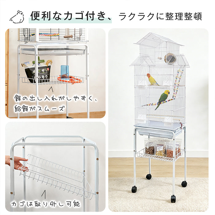 RAKU 鳥かごスタンド ケージスタンド 腰をかがめず 鳥かご対応サイズ：42.5×32cm カゴ付き ロック付き 組立簡単 スチール製