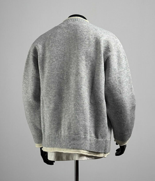 ニットジャケット メンズ 秋冬 カーディガン 厚手 スタンドカラー ニットブルゾン アウター トップス レイヤード風 重ね着風 ボタンフロント 長袖 ゆったり ビッグシルエット カジュアル シンプル 無地 おしゃれ かっこいい 男性 グレー 黒