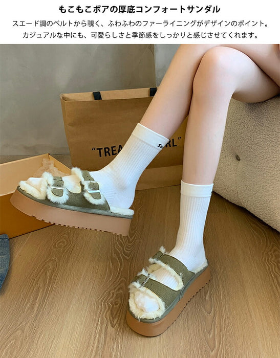 【7日内出荷】【5cmヒール】サンダル 厚底 ファーサンダル レディース もこもこ 5cmヒール 歩きやすい つっかけ ダブルベルト 防寒 暖かい 痛くない 疲れにくい 美脚効果 身長アップ きれいめ 外履き 冬用サンダル 秋冬 おしゃれ ルームシューズ ブラウン グリーン
