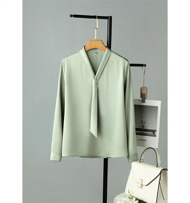 【7日内出荷】ブラウス レディース オフィス ボウタイ スカーフタイ リボンタイ Vネック スーツ カットソー きれいめ 長袖 シフォン 白ブラウス 白シャツ インナー トップス オフィスカジュアル シワになりにくい イージーケア 春 夏