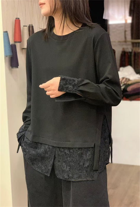 【7日内出荷】レイヤード ロンT レース 袖 裾 レースインナー トップス レディース レース レイヤードトップス 長袖 Tシャツ カットソー インナー チュニック 無地 透け 肌着 重ね着 きれいめ 大きいサイズ 体型カバー お尻が隠れる 厚手 白 黒 秋 冬