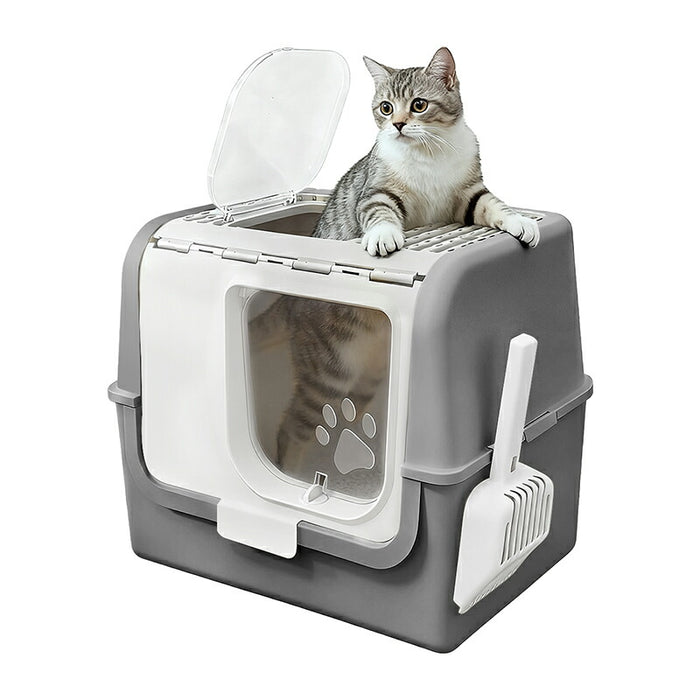 RAKU 猫トイレ 大型 上から猫トイレ シンプル 猫用品 ダブル脱臭 砂の飛び散り防止 2WAY出入り方法 掃除しやすい スコップ付 大容量 優れた耐久性 猫のトイレ ネコ 猫 トイレ ニオイの広がり防止 洗いやすい