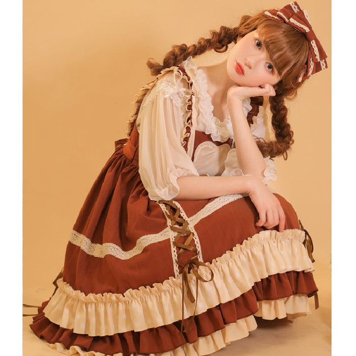 【7日内出荷】ロリータ服 単品・Jskワンピース シャツ コスプレ 可愛い女の子 レディース キャミソールワンピース ハロウィン衣装 お姫様ドレス コスチューム衣装 高校生 舞台 日常 写真 花嫁 洋服 膝丈 Lolita ロリータファッション 森ガールお嬢様 姫系 少女ワンピ 蝶結び付き