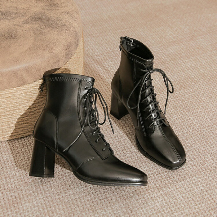 【7日内出荷】【7cmヒール】 ハイカット ショートブーツ レディース レースアップ ブーツ 編み上げ 太ヒール ファスナー付き 靴 女生 美脚 PU 無地 痛くない 履きやすい 歩きやすい 軽量 シンプル カジュアル 通勤 通学 おしゃれ 靴 袴 秋 きれいめ 女性 大人 寒さ対策 冬用 旅行 冬 発表会